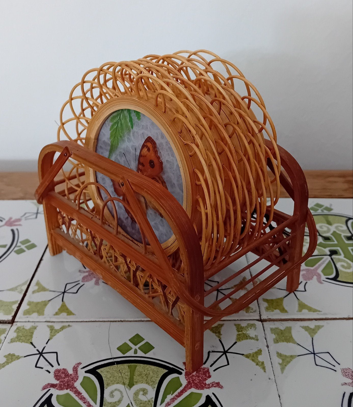 Vintage onderzetters met vlinders in bamboe houder, Ophalen of Verzenden, Nieuw