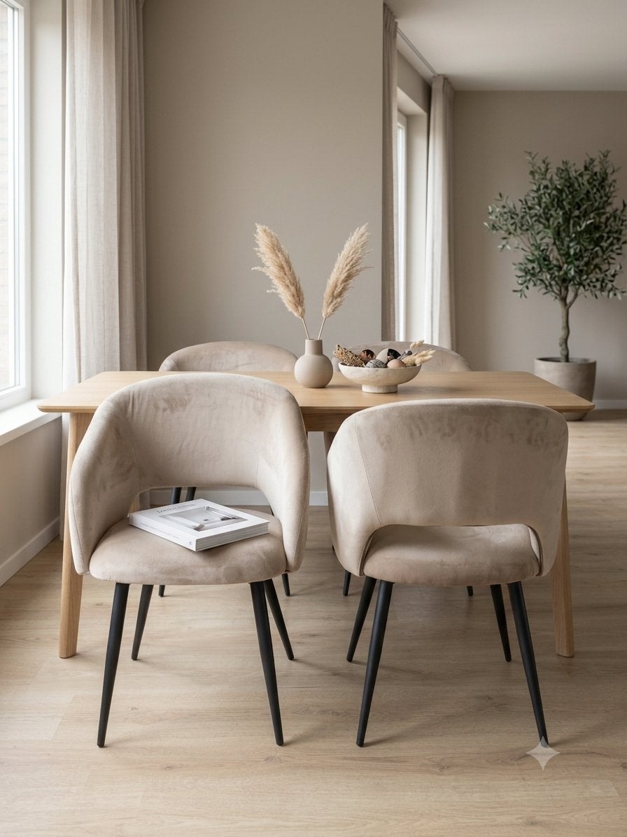 Set van 4 Velvet Eetkamerstoelen Beige/Taupe (Zgan), Ophalen, Overige kleuren, Zo goed als nieuw, Vier