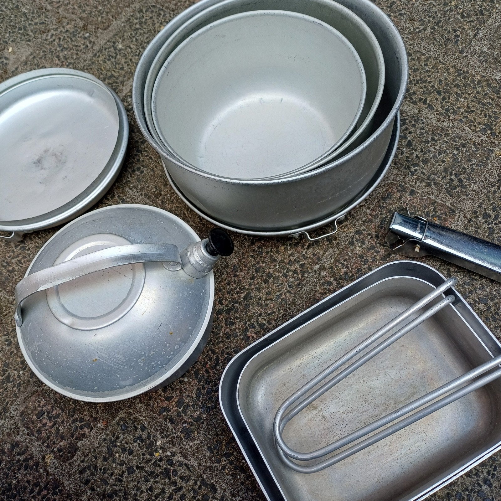 Vintage aluminium kampeer kookset met waterketel, Ophalen, Gebruikt