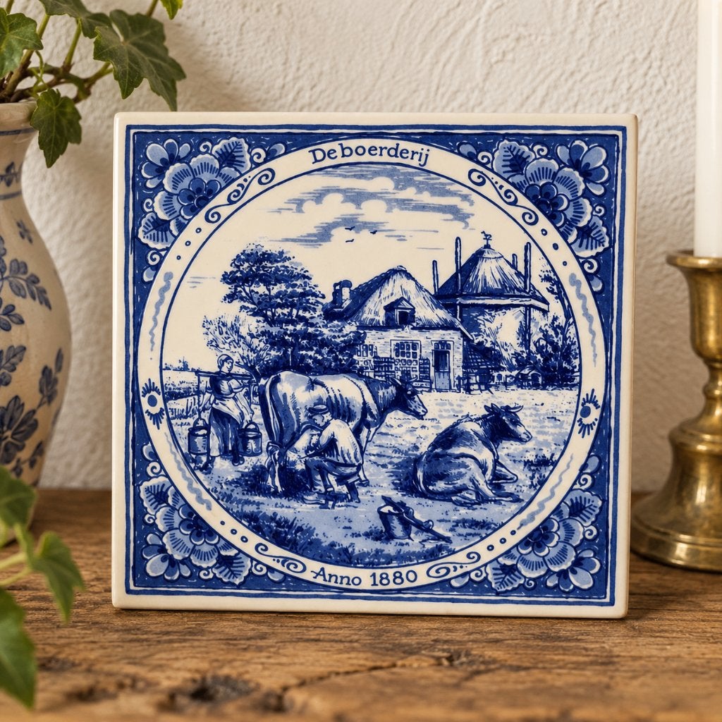 Delfts blauw wandtegel De Boerderij 1880  Vintage, Ophalen of Verzenden