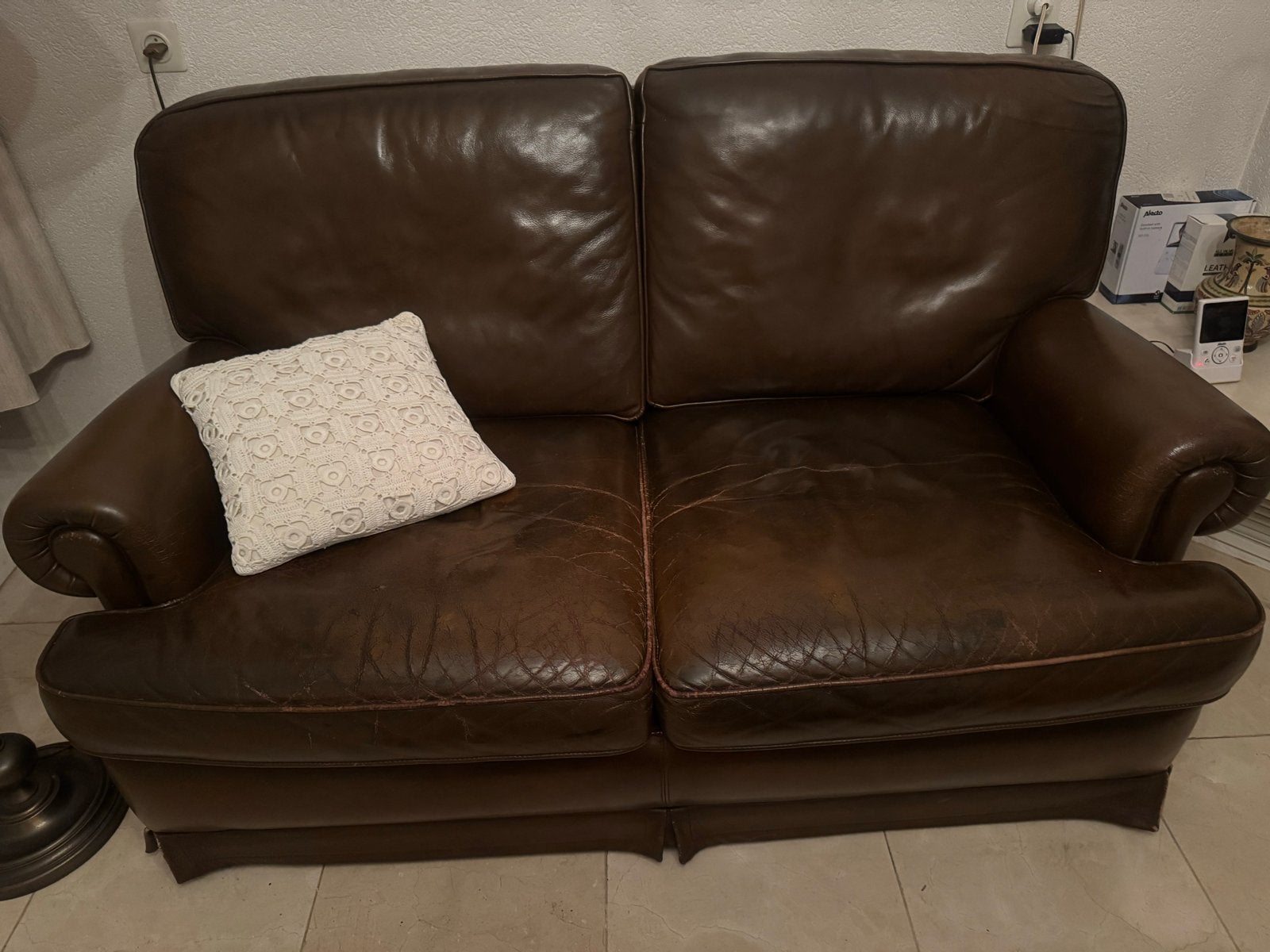 Tweepersoons bruin lederen bank, Ophalen, Gebruikt, 150 tot 200 cm, Tweepersoons
