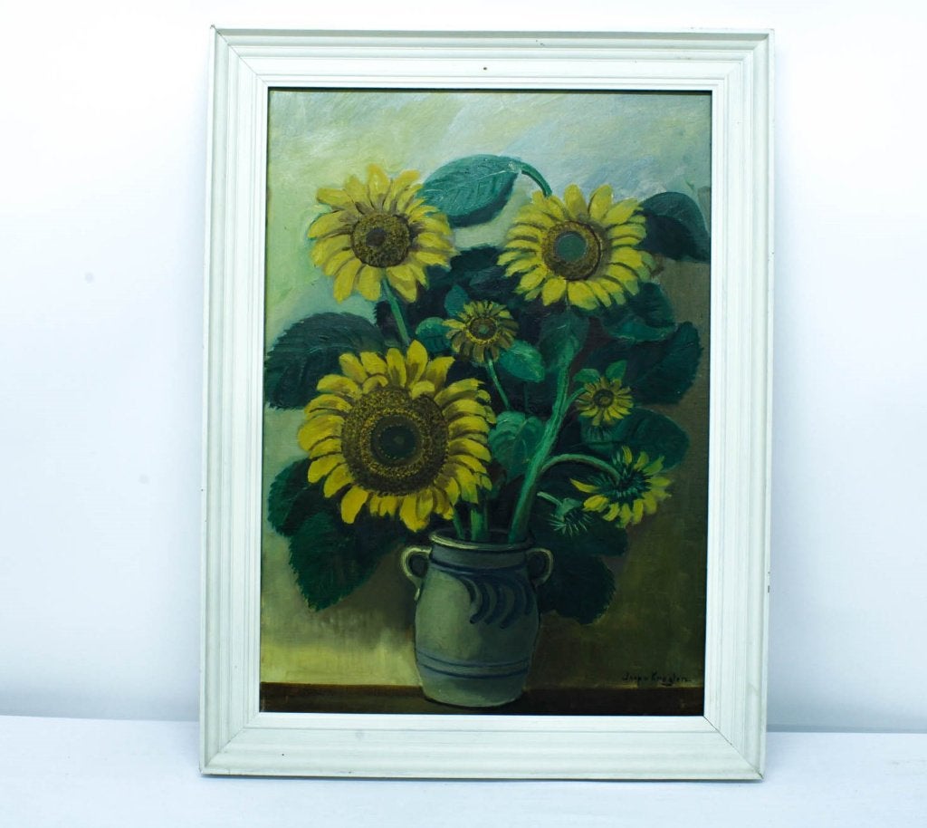 Schilderij met zonnebloemen, Jaap van Kregten (1878-1967), Paneel, Origineel werk, Olieverf, Klassiek