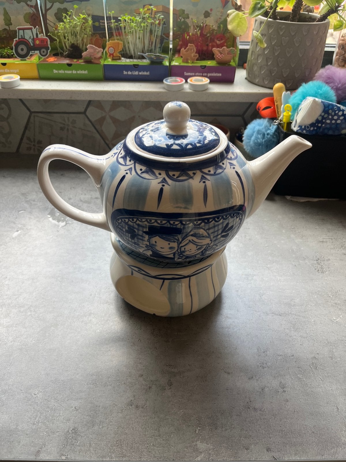 Delfts Blauw theepot met theelicht - Handgeschilderd, Ophalen of Verzenden