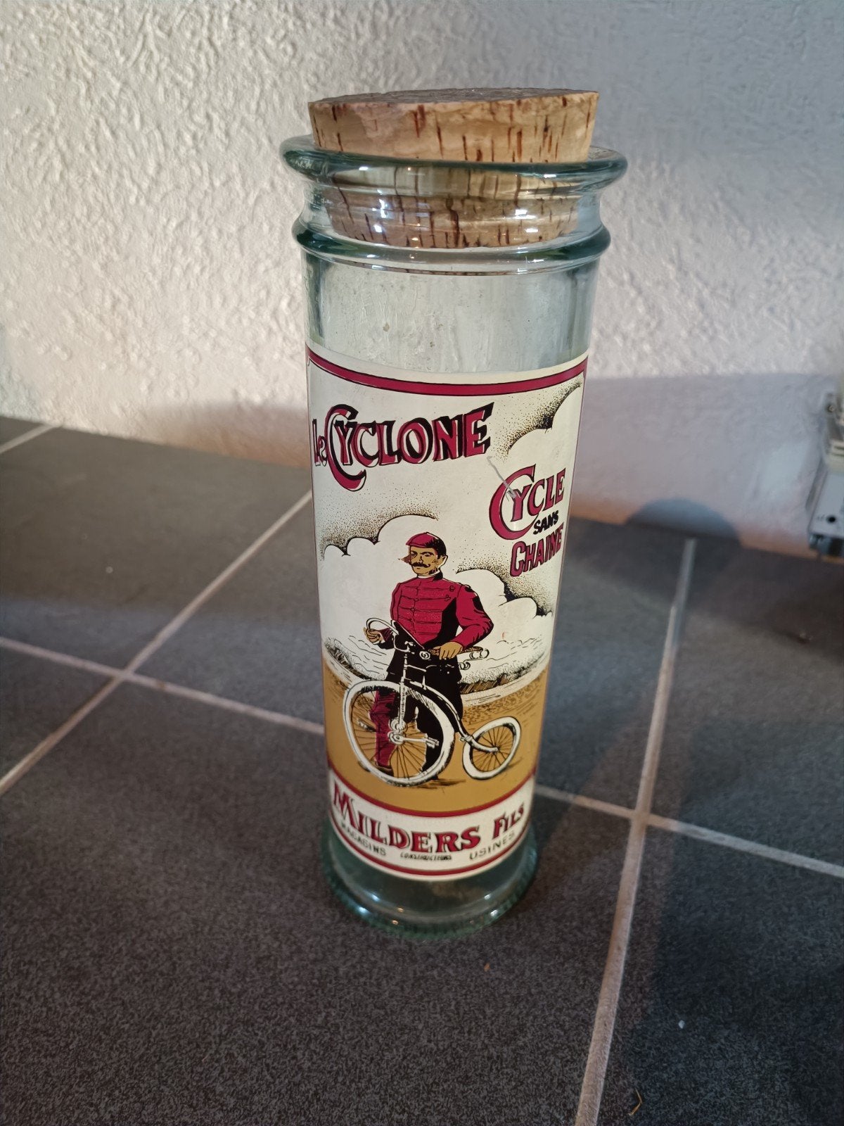 Vintage 'Le Cyclone' Milders Fils glazen pot met kurk, Ophalen of Verzenden