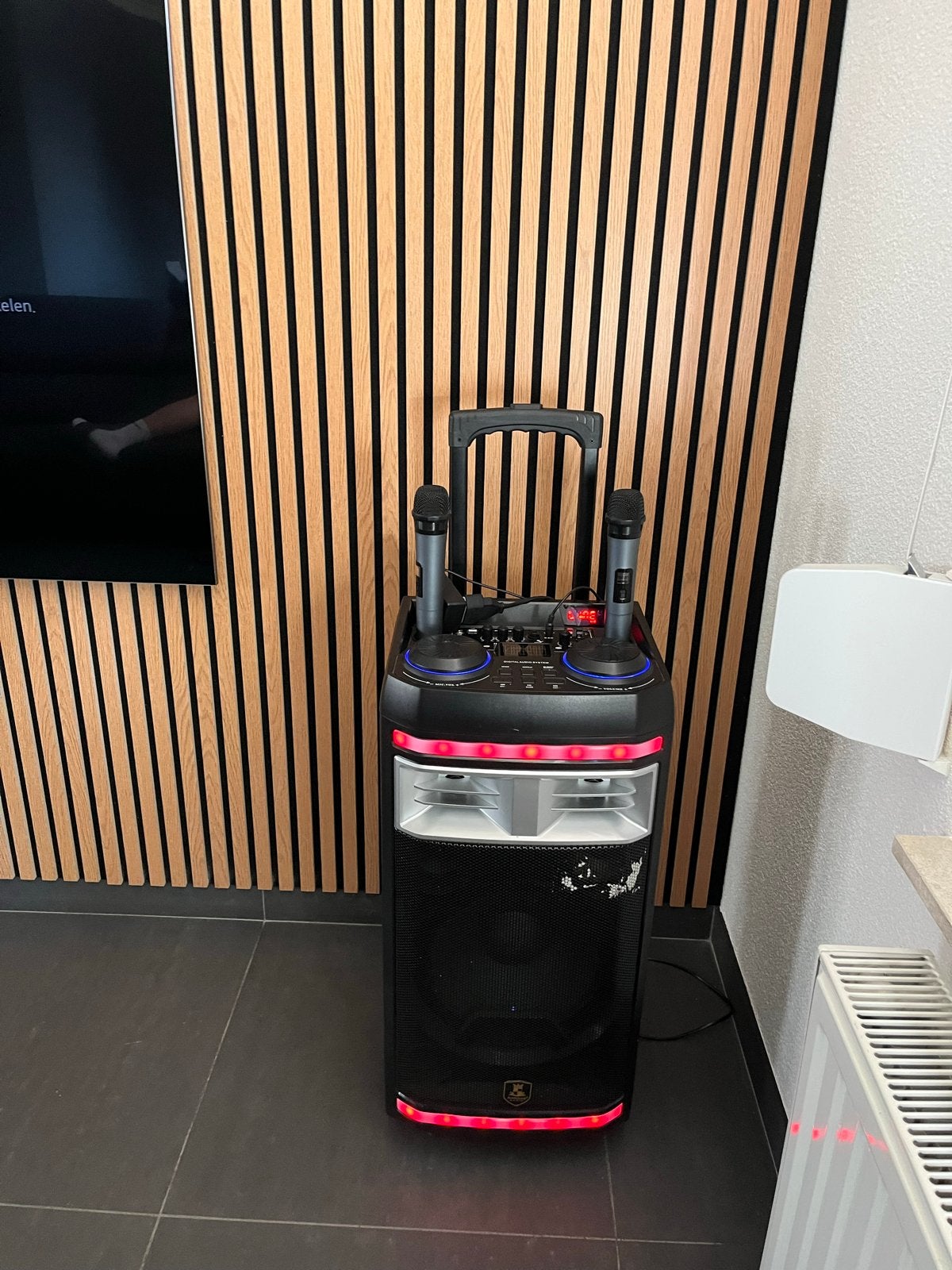 Karaoke set met microfoons en lichteffecten, Ophalen of Verzenden, Gebruikt, Complete set