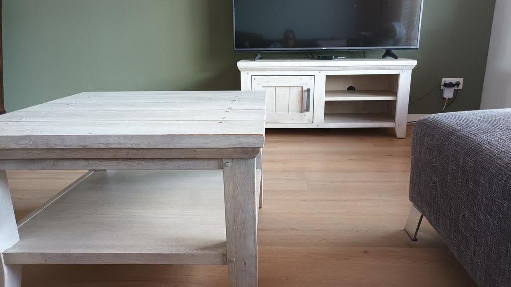 Eetkamer tafel, salontafel en tv-kast whitewash, Ophalen, Gebruikt, 50 tot 100 cm, Vijf personen of meer