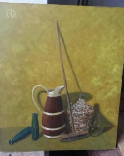 olieverf schilderij stilleven mandfles bezem fles schenkkan., Antiek en Kunst, Kunst | Schilderijen | Klassiek, Ophalen