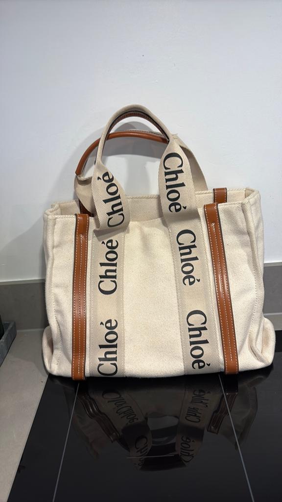 Chloé Woody Tote Bag - Crème met Bruine Details, Ophalen of Verzenden, Zo goed als nieuw, Beige, Shopper