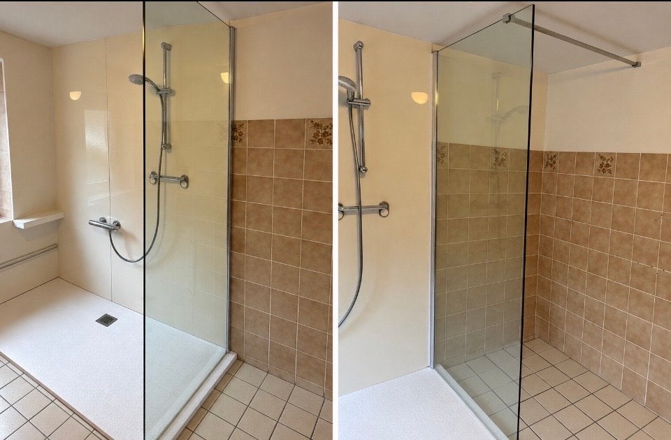 alleen glazen wand met proefielen compleet set, Doe-het-zelf en Verbouw, Ophalen, Gebruikt, Chroom, Douche
