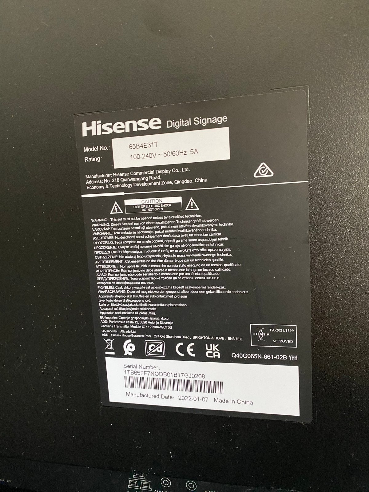 Hisense 65B4E31T Digital Signage TV - 65 inch, Audio, Tv en Foto, Televisies, 50 Hz, 100 cm of meer, 4k (UHD), Ophalen