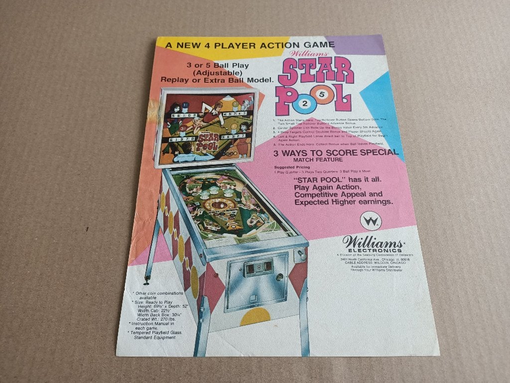 Flyer: Williams Star Pool (1974) Flipperkast, Verzenden, Gebruikt, Elektronisch, Flipperkast