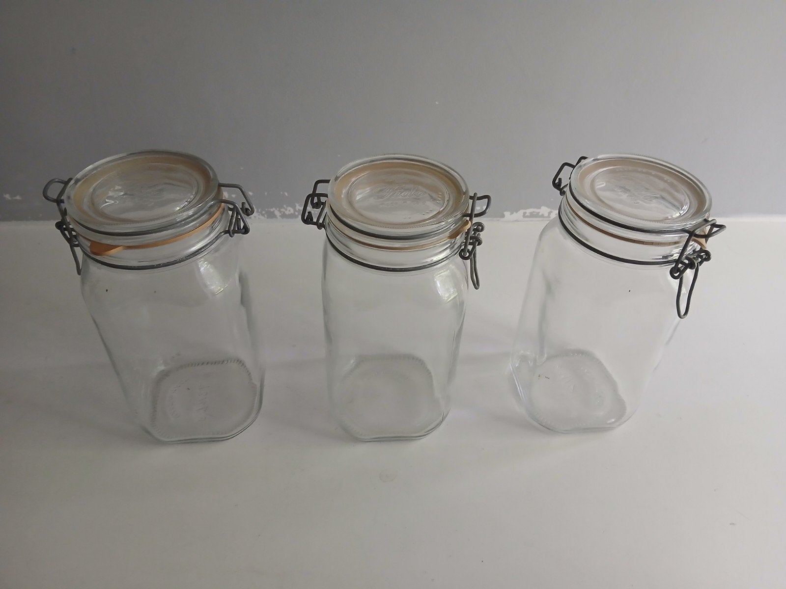 Set van 3 glazen voorraadpotten met beugelsluiting, Huis en Inrichting, Glas, Ophalen of Verzenden, Zo goed als nieuw, Voorraadpot