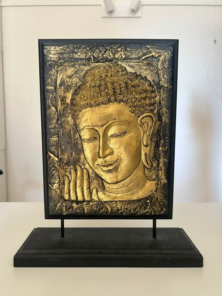Set van 3 Boeddha-reliëfs op houten standaard (Thailand), 36 cm, Ophalen of Verzenden, Zo goed als nieuw, Hout
