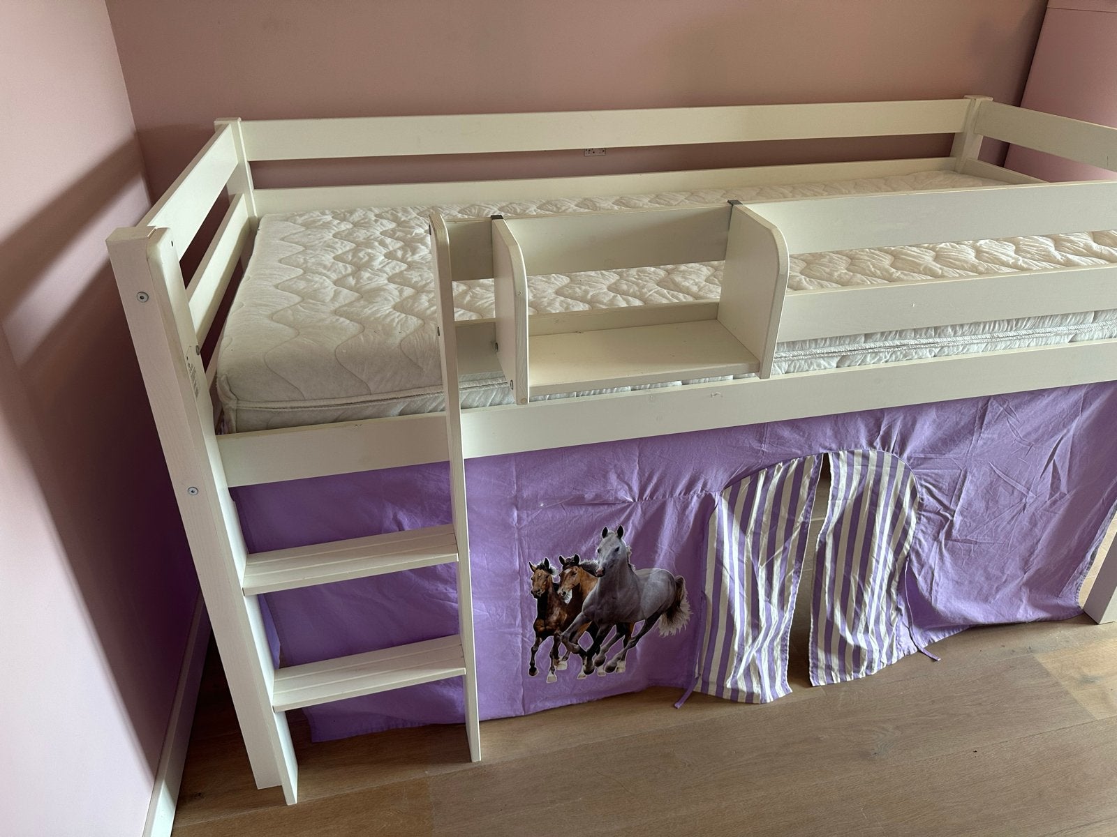 Superleuke halfhoogslaper met paardengordijn (incl. matras), Ophalen, 85 tot 100 cm, Gebruikt, Hoogslaper of Stapelbed