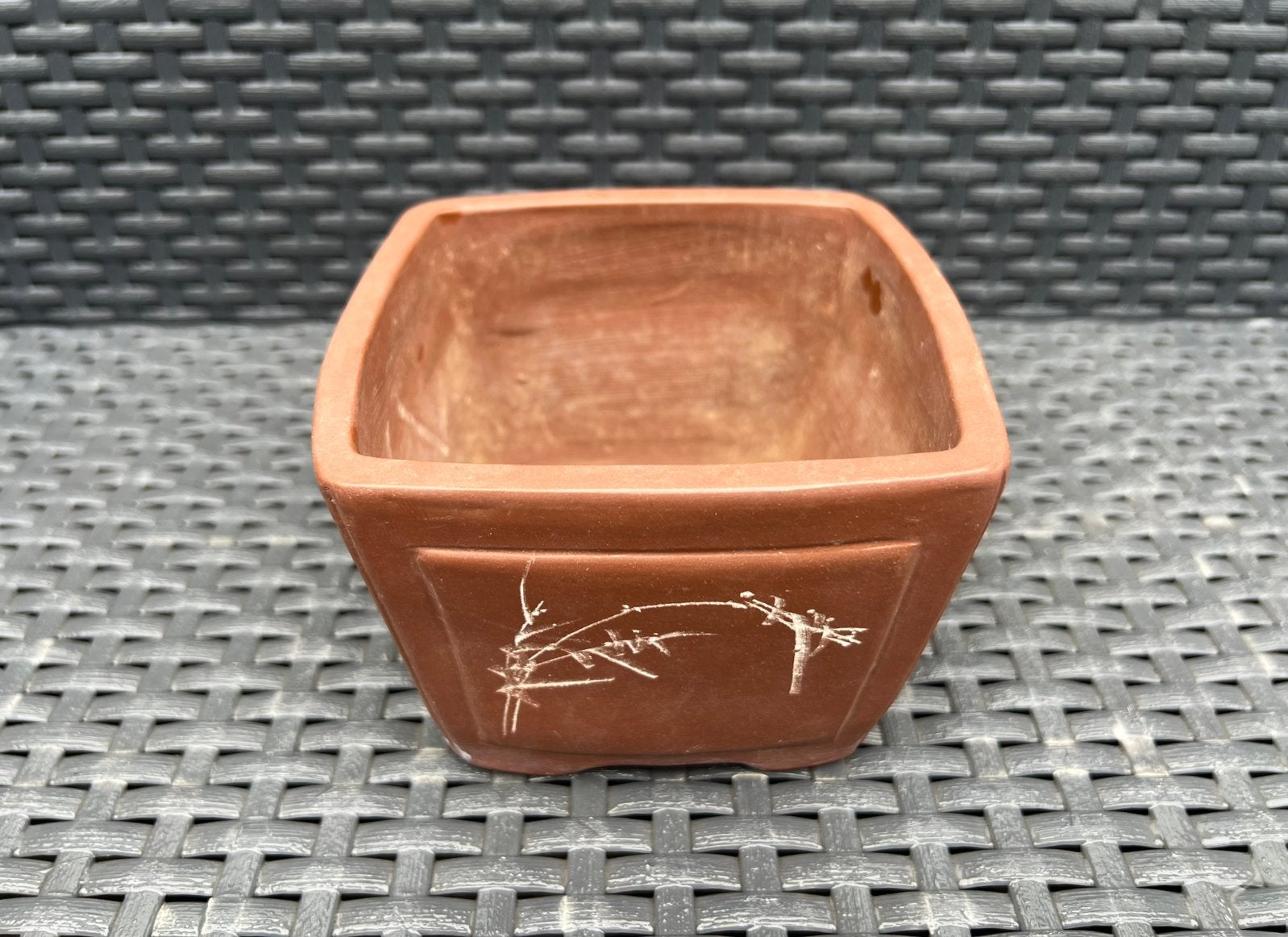 Bonsai pot gedecoreerd bruin ongeglazuurd 13x12,6x9,1, Tuin en Terras, Vierkant, Ophalen of Verzenden, Zo goed als nieuw, Aardewerk