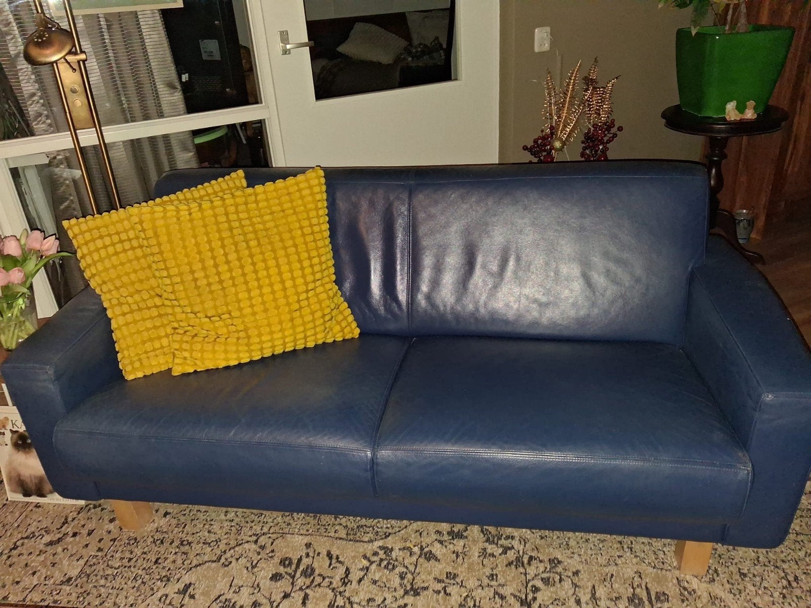 Blauw leren bank, Ophalen, Gebruikt, 75 tot 100 cm, Leer
