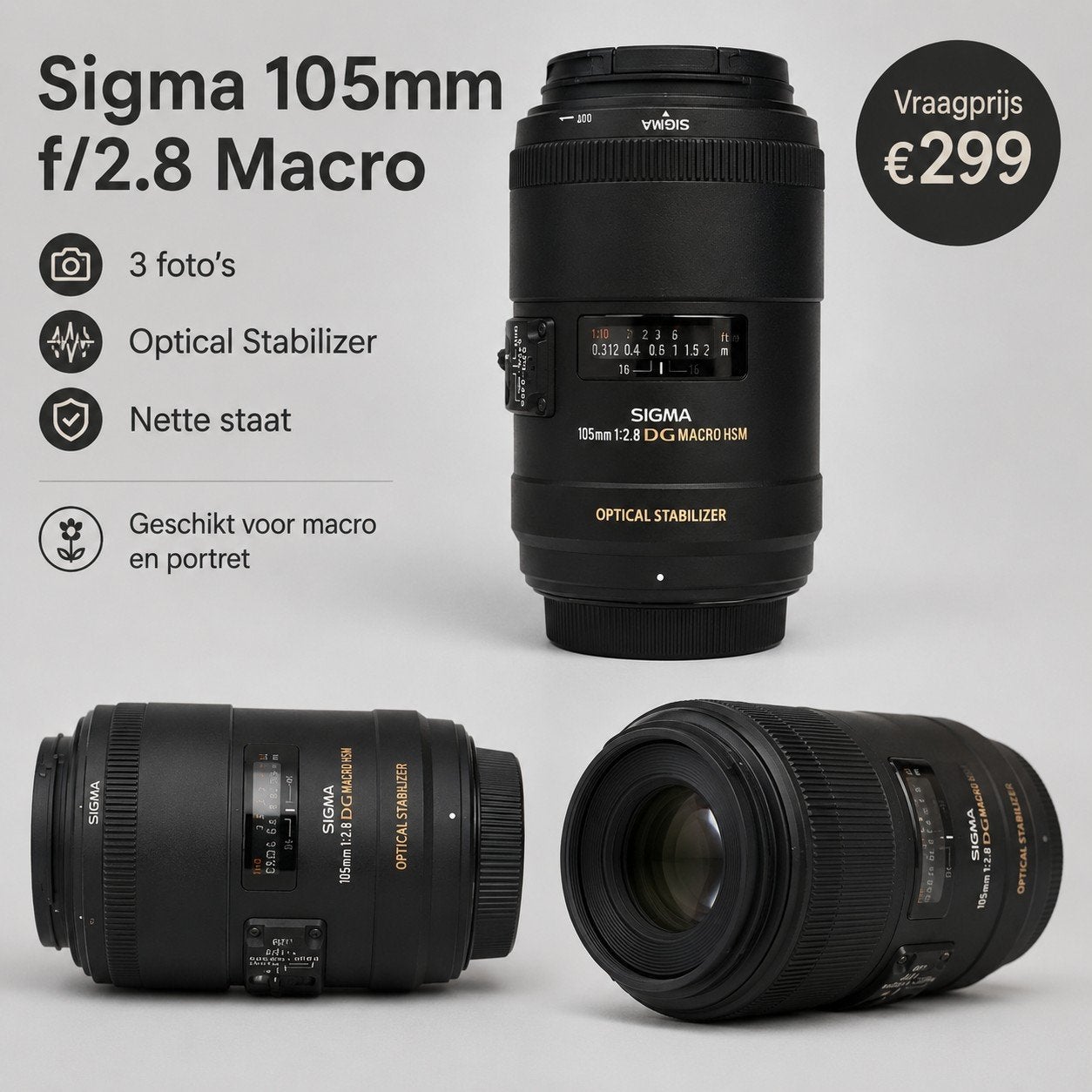 Sigma 105mm f/2.8 Macro lens met Optical Stabilizer, Audio, Tv en Foto, Fotografie | Lenzen en Objectieven, Sigma, Macrofunctie