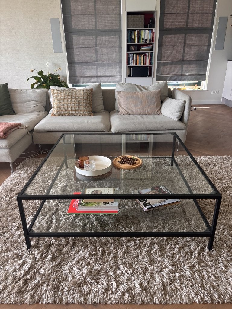 Salontafel zwart staal met twee lagen (gehard) glas, Ophalen, Gebruikt, Vierkant, Glas