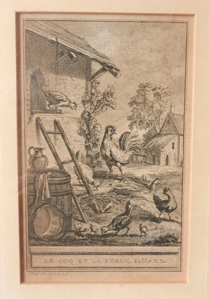 Gravure Le coq et la perle La Fontaine Fabel , J. Punt 1758, Antiek en Kunst, 8 cm, Mythologie, Ophalen of Verzenden, Gravure