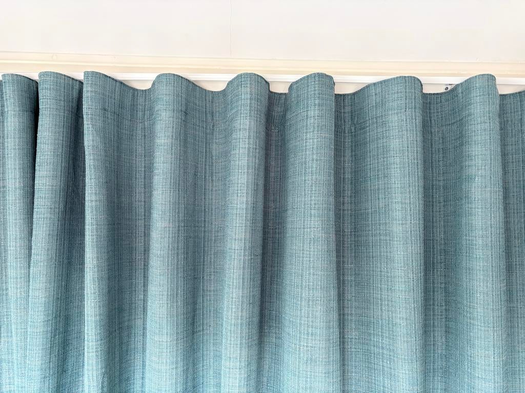 8266Overgordijn turquoise wave plooi 250x255 cm grof linnen, Ophalen of Verzenden, Zo goed als nieuw, Overige kleuren, 200 cm of meer