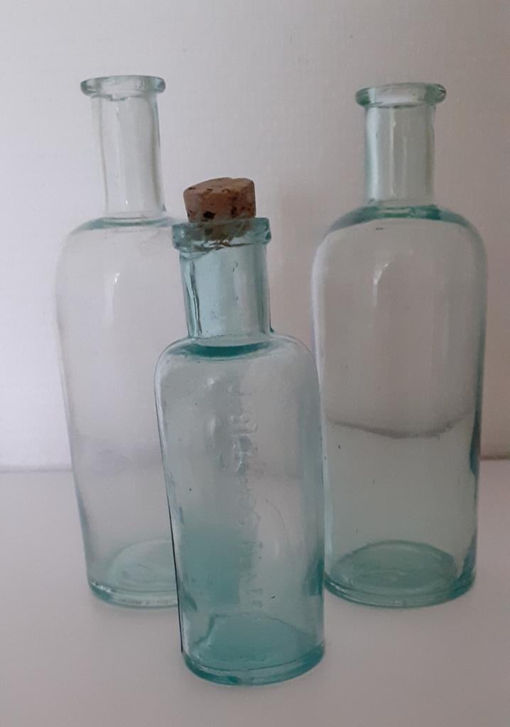 Set van 3 vintage glazen flessen - decoratief, Ophalen of Verzenden