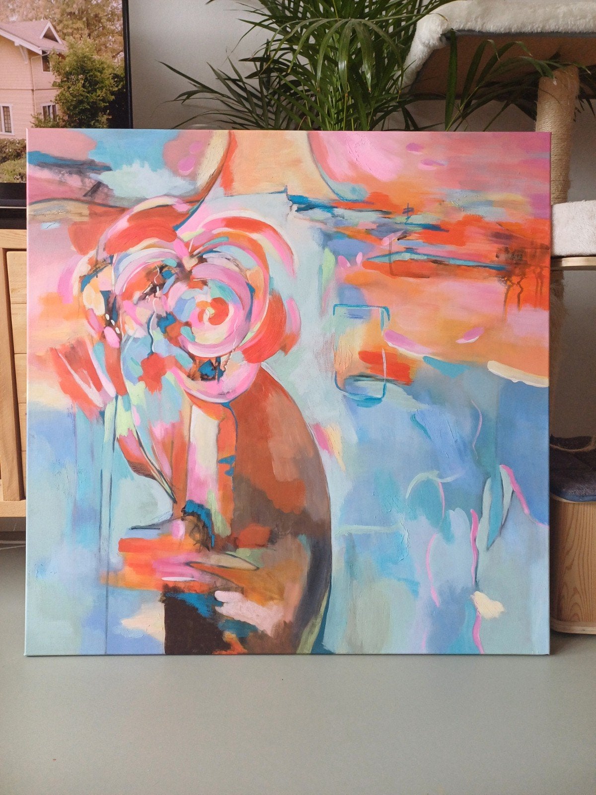 Groot abstract schilderij "Bloom Again" - 90x90cm, Ophalen of Verzenden