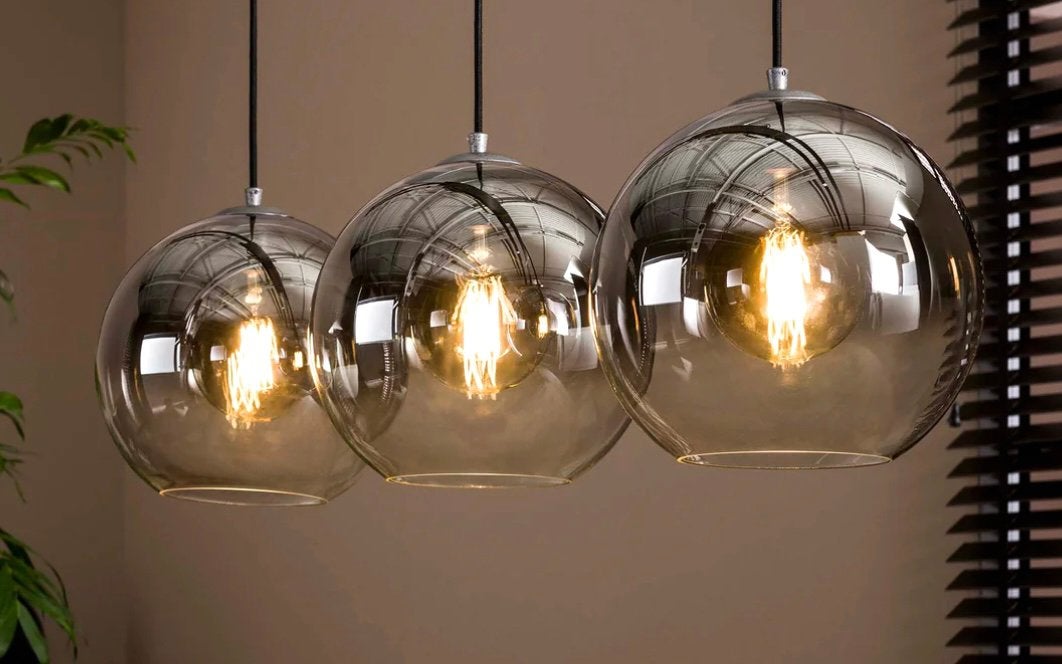 Hanglamp Bubble Shaded met 3 smoke-glas bollen, kleur Zilver, Ophalen, Zo goed als nieuw, Glas, Minder dan 50 cm