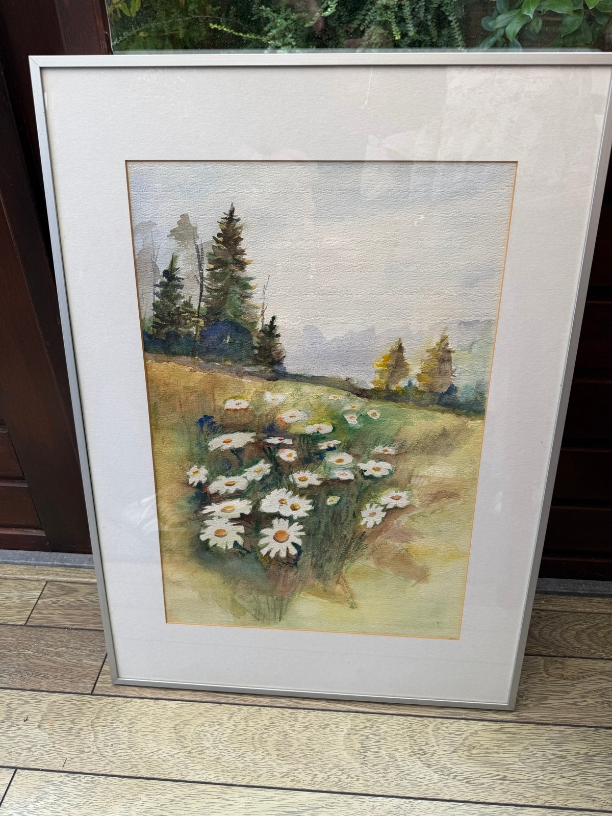 Schilderij: Aquarel van een bloemenveld met bomen, Antiek en Kunst, Achter glas, Realistisch, Ophalen of Verzenden, Landschap