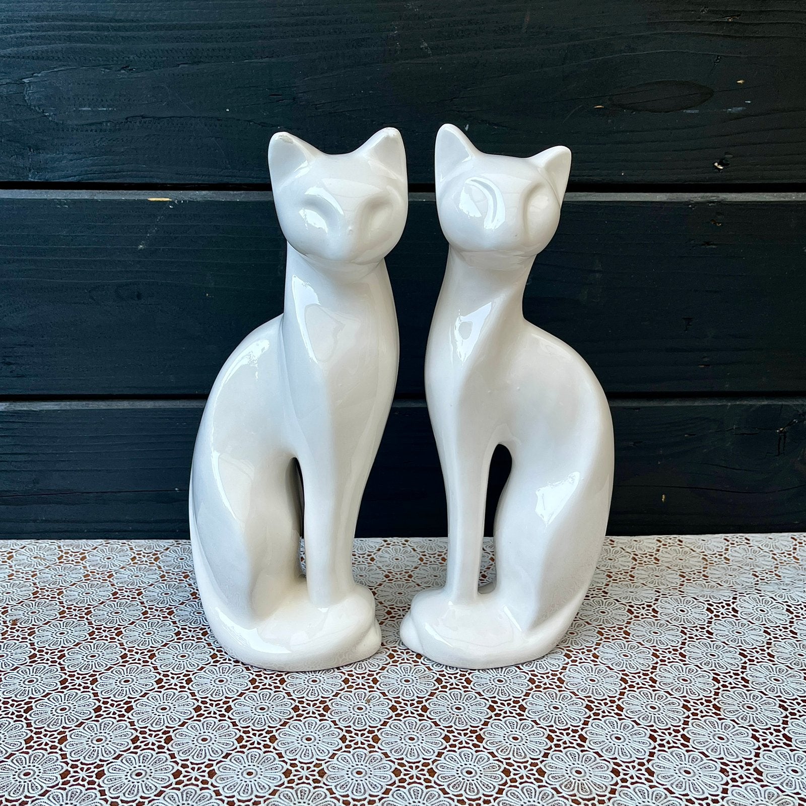 Vintage Witte Keramische Katten Beelden – Set (26 cm), Ophalen of Verzenden, Zo goed als nieuw, Dier