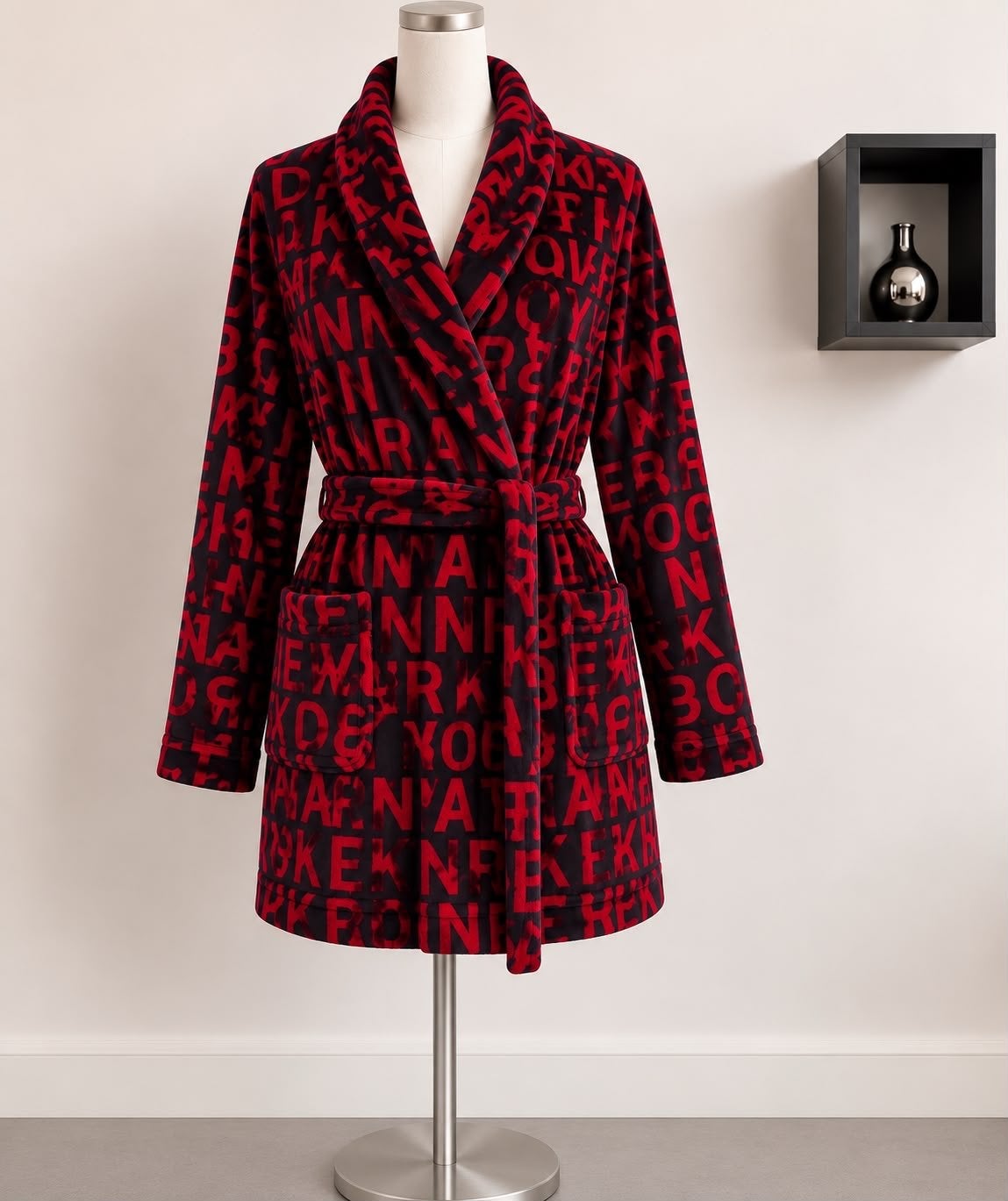 Nieuwe DKNY Badjas - Rood/Zwart met Logo Patroon, Ophalen, Nieuw