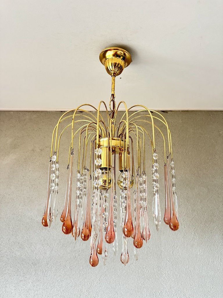 Vintage pink teardrop kroonluchter, Huis en Inrichting, Niet ingevuld, Gebruikt, Mid century modern, Ophalen of Verzenden