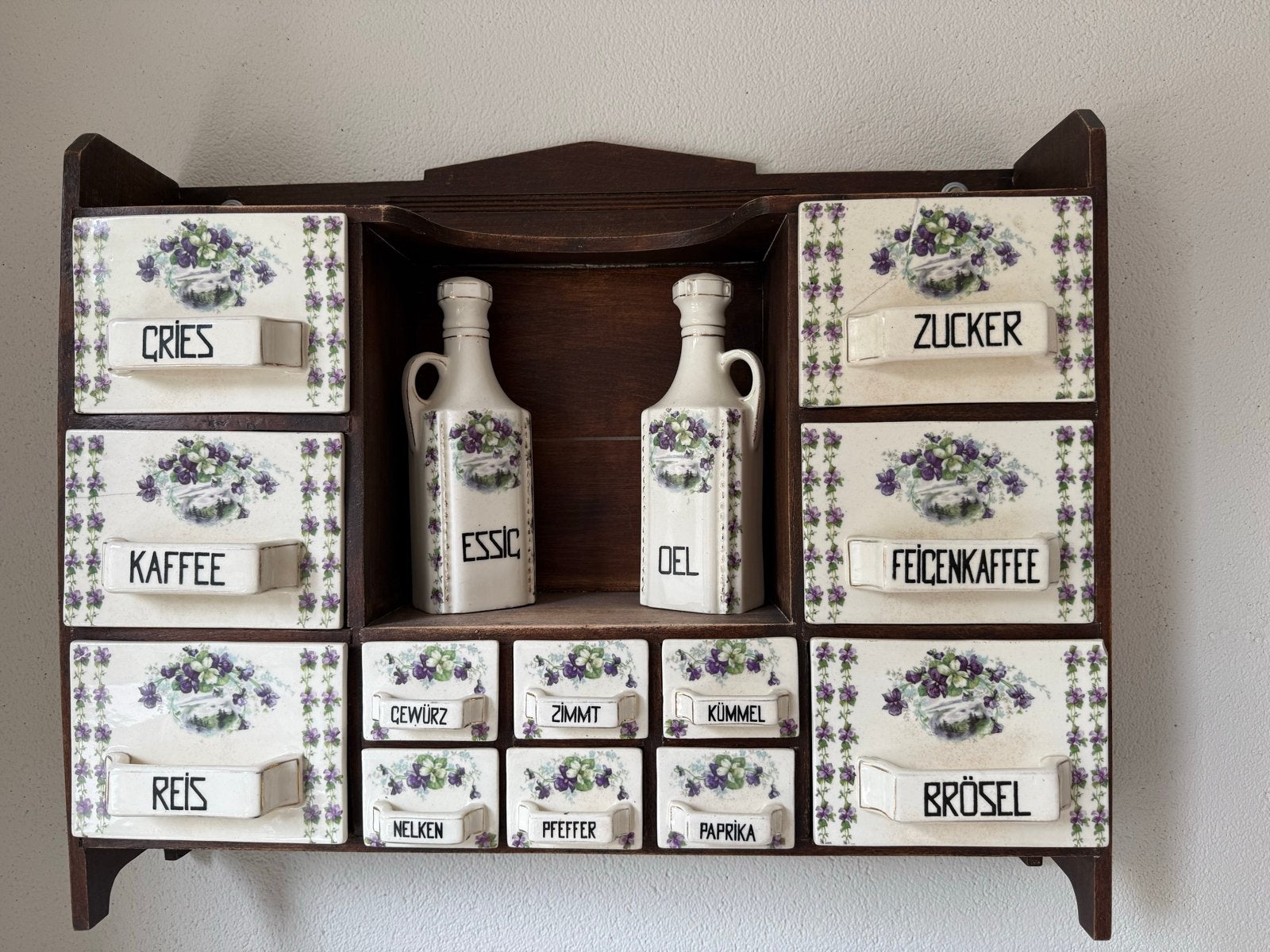Vintage Duits kruidenrek met keramische lades en flessen, Ophalen