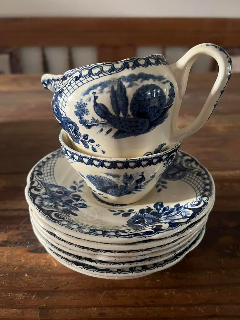 Peacock servies melkkan koffiekop schoteltjes societe blauw, Ophalen of Verzenden