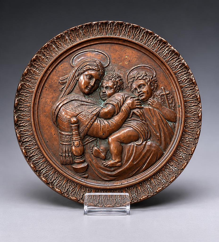Oud Koperen wandreliëf Madonna della Seggiola – naar Rafaël, Antiek en Kunst, Ophalen of Verzenden, Koper