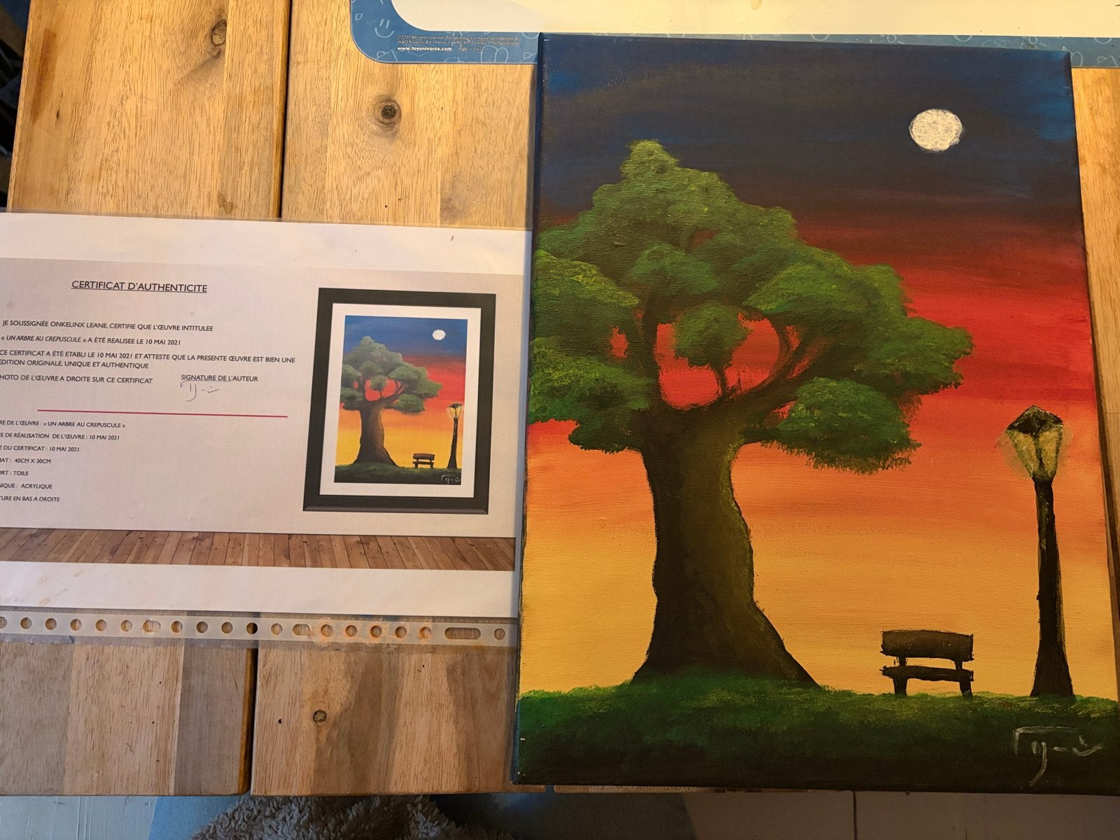 Schilderij 'Un Arbre au Crépuscule' - Gesigneerd, Antiek en Kunst, Landschap, Acrylverf, Ophalen of Verzenden, Echtheidscertificaat