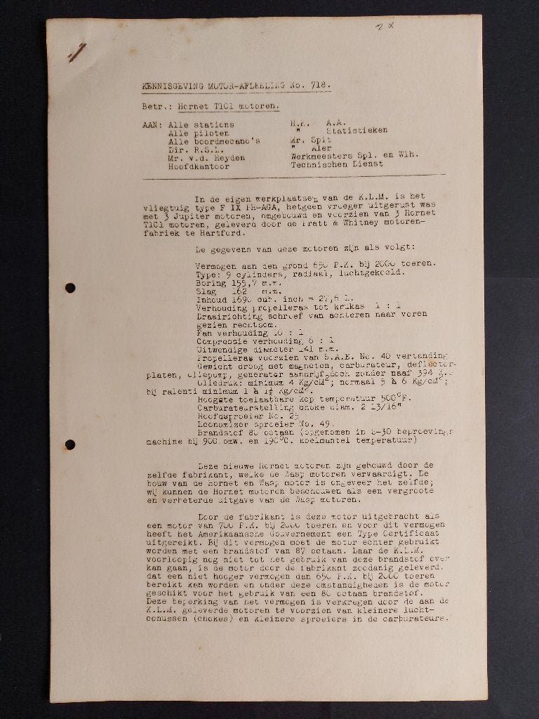 KLM kennisgeving motor-afdeeling no.718 uit 1933 (K1015), Verzamelen, Ophalen of Verzenden, Gebruikt, Boek of Tijdschrift
