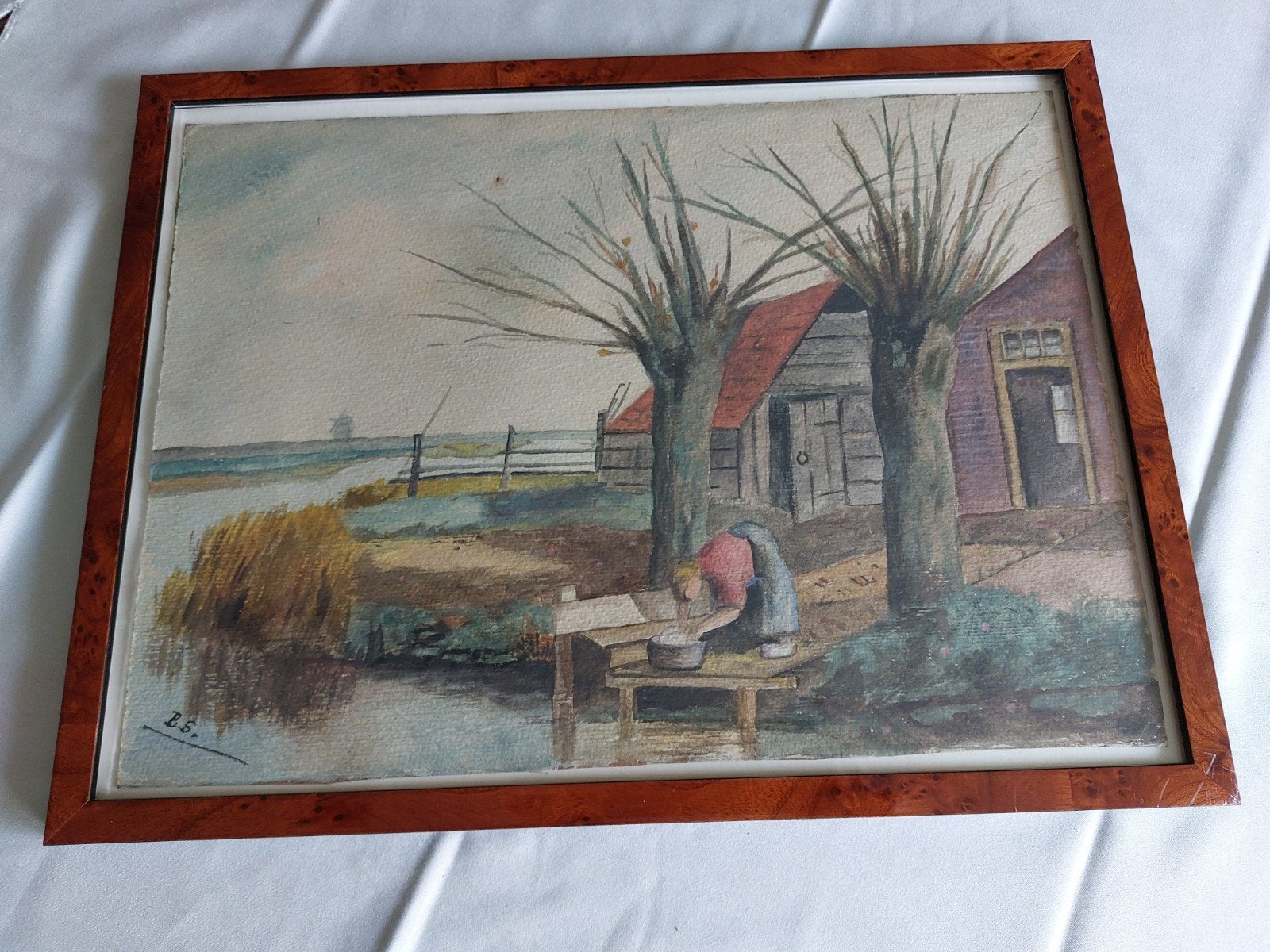 Oud Schilderij Boerin aan het wassen, Antiek en Kunst, Verzenden