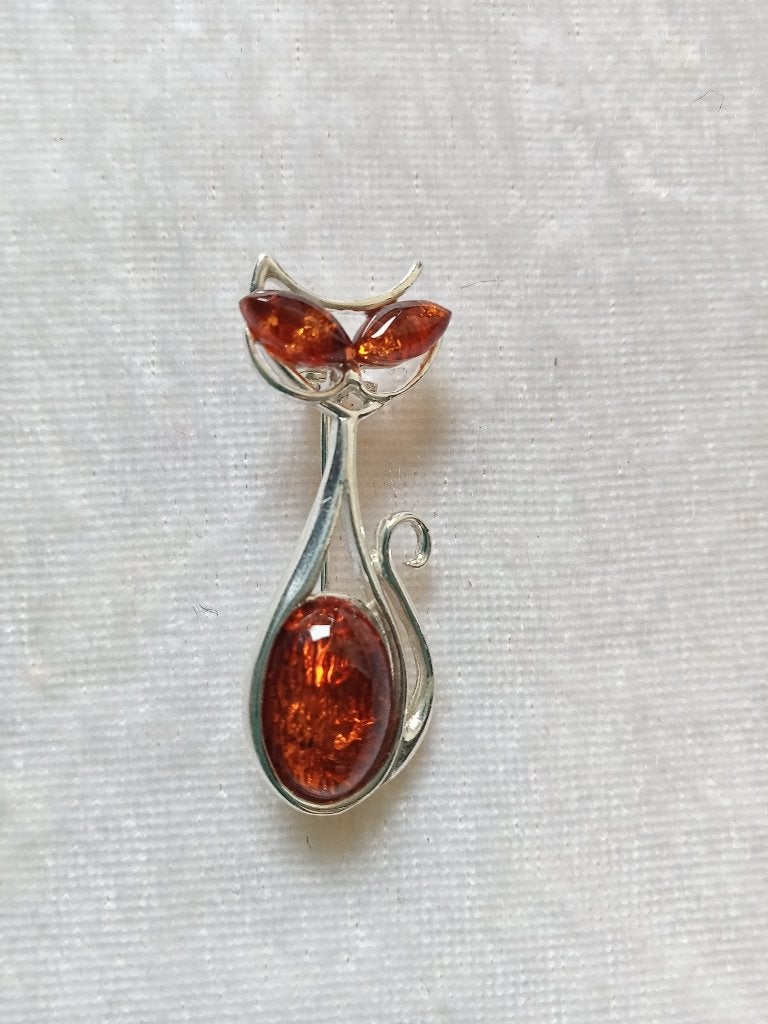 Mooie Zilveren Broche met Barnsteen - Deftige Poes, Verzenden, Zilver, Broche, Met edelsteen