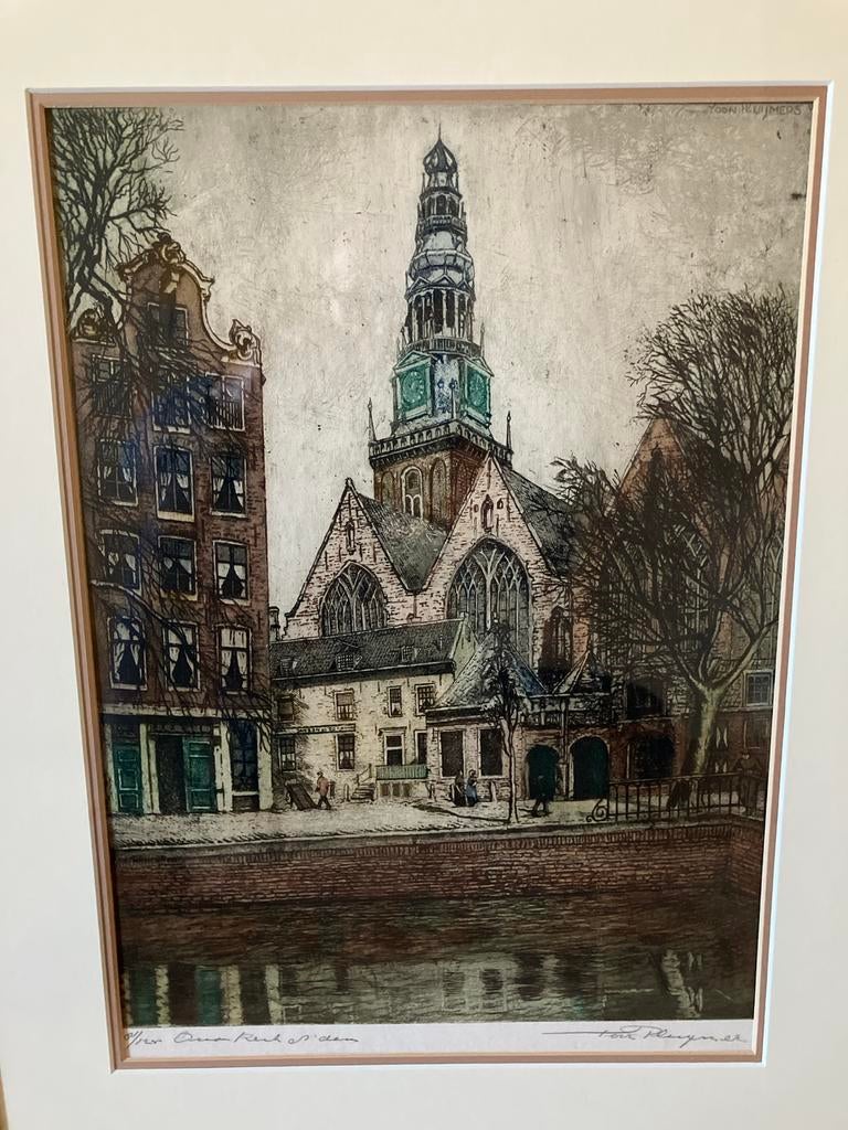 Anthonie Bernardus (Toon) Pluijmers  Oude Kerk Amsterdam Ets, Antiek en Kunst, Kunst | Etsen en Gravures, 44 cm, Stadsgezicht