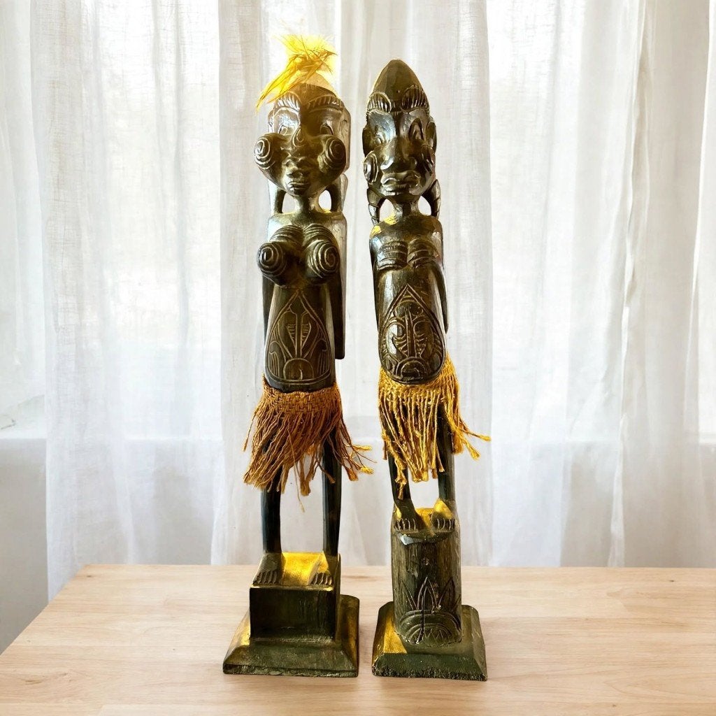 Set van 2 Vintage Papua Abelam Beelden 52cm - Tribal Houten, Antiek en Kunst, Hout, Bruin, 52 cm, Papoea-Nieuw-Guinea