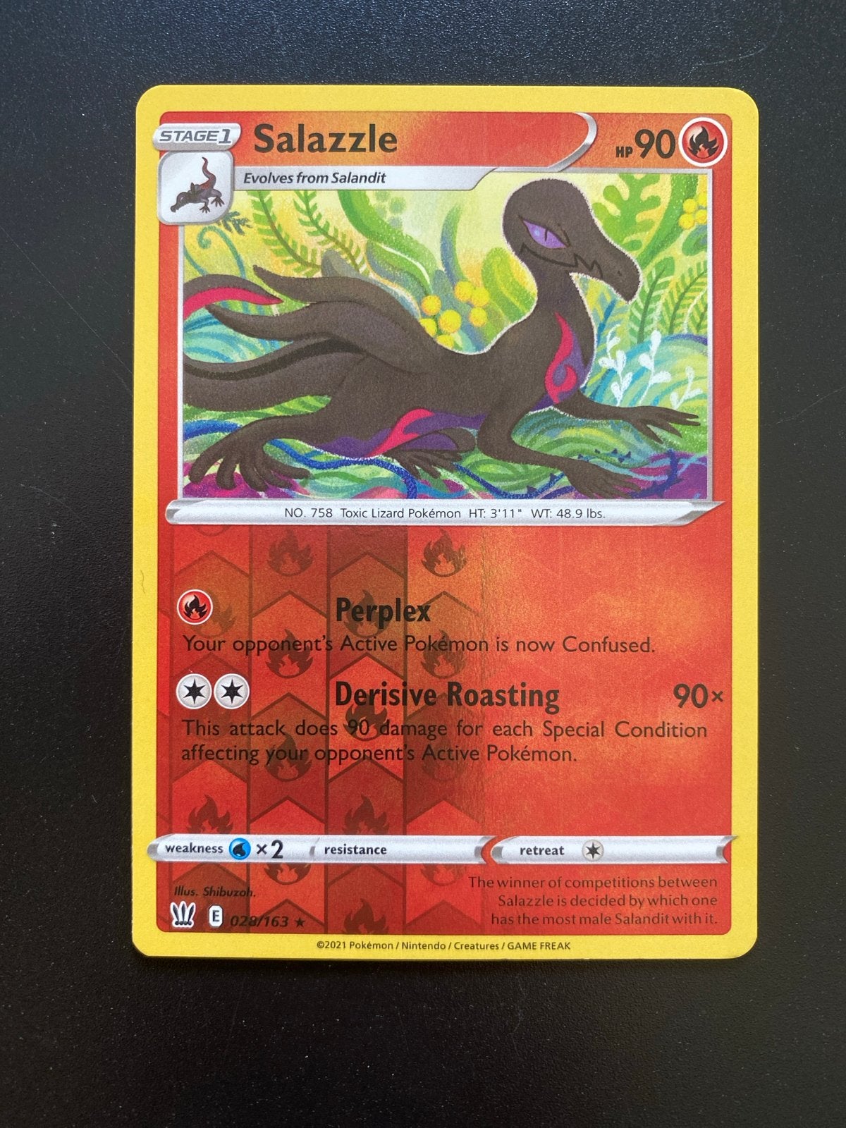 Salazzle 028/163 Reverse Holo Pokémon Battle Styles, Ophalen of Verzenden, Zo goed als nieuw, Losse kaart, Foil