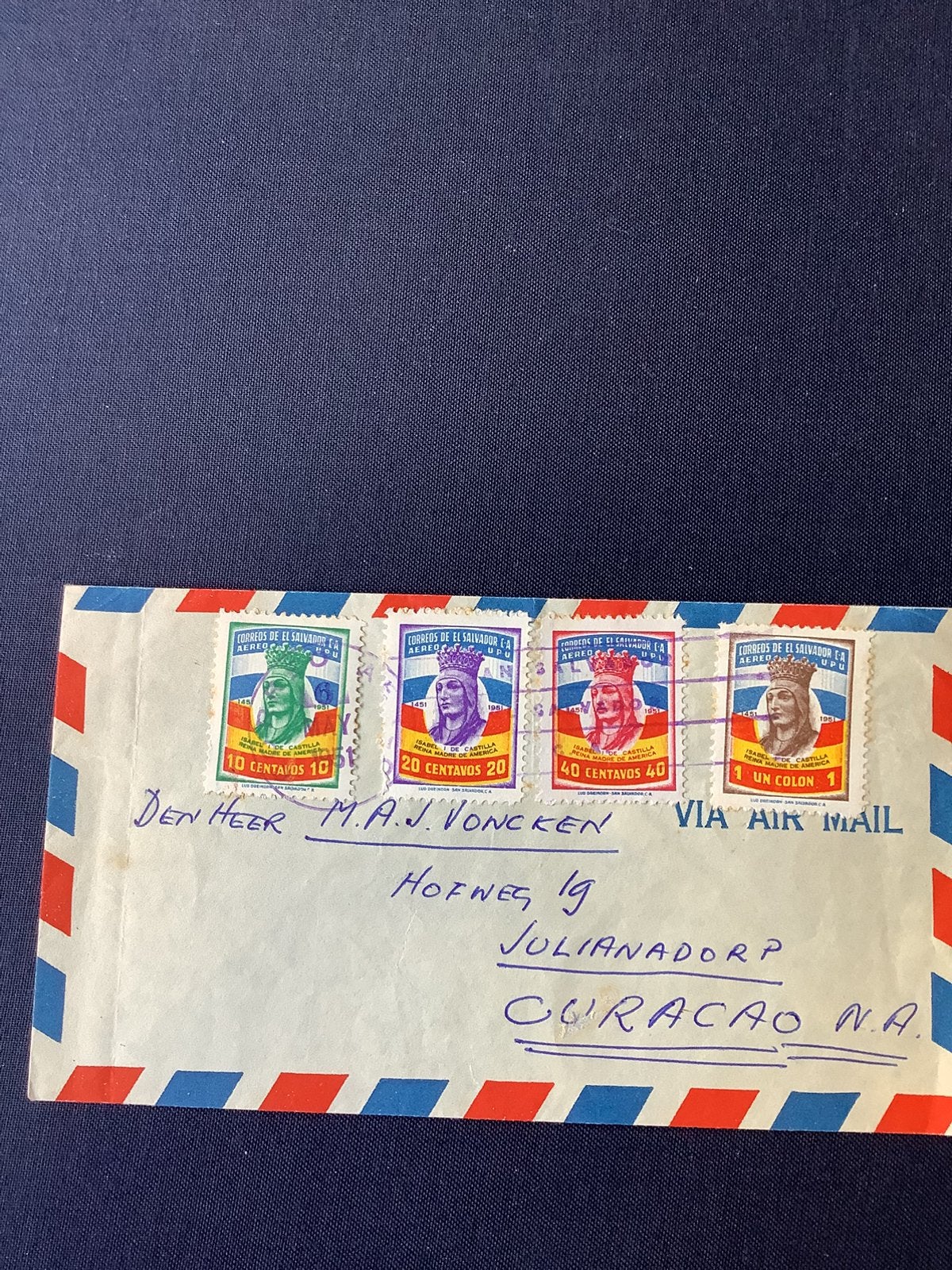 Luchtpostenvelop curacao - el salvador, Ophalen of Verzenden, Gestempeld, Vliegtuigen