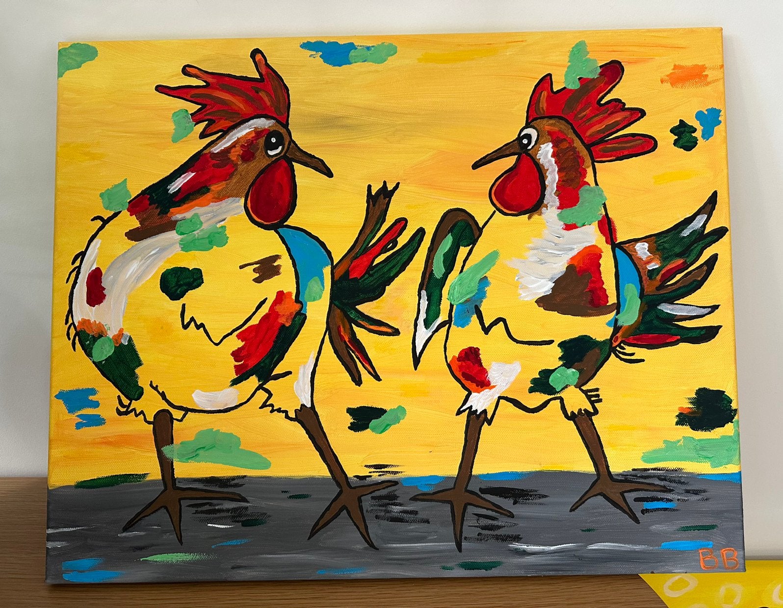 Selfmade schilderij van 2 kippen, Antiek en Kunst, Ophalen of Verzenden