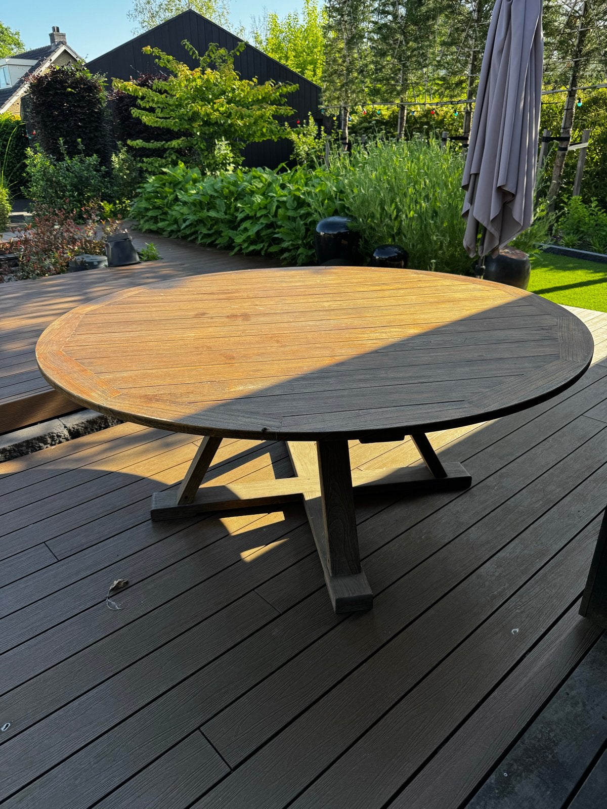 Ronde Tuintafel Massief Hout - 180 cm, Tuin en Terras, Tuintafels, Gebruikt, Rond, Hout, Ophalen of Verzenden