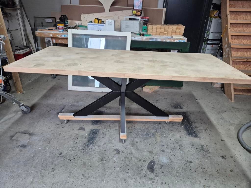 Hexagon eettafel eiken inclusief rvs onderstel of zwart onde, Ophalen, 50 tot 100 cm, Rechthoekig, Nieuw