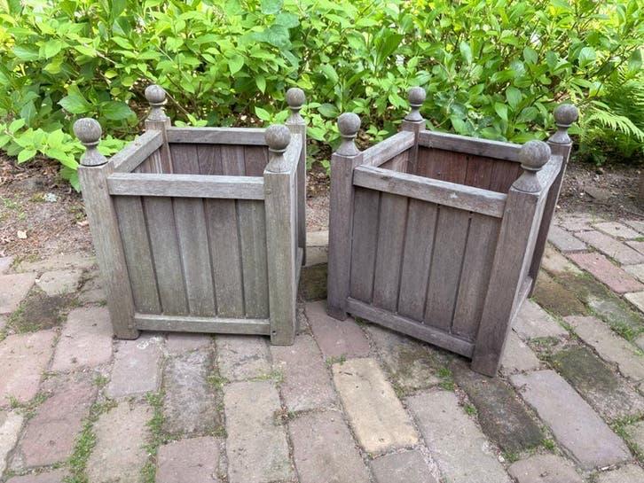 Twee teakhouten plantenbakken, Ophalen, Gebruikt, Minder dan 60 cm, Vierkant