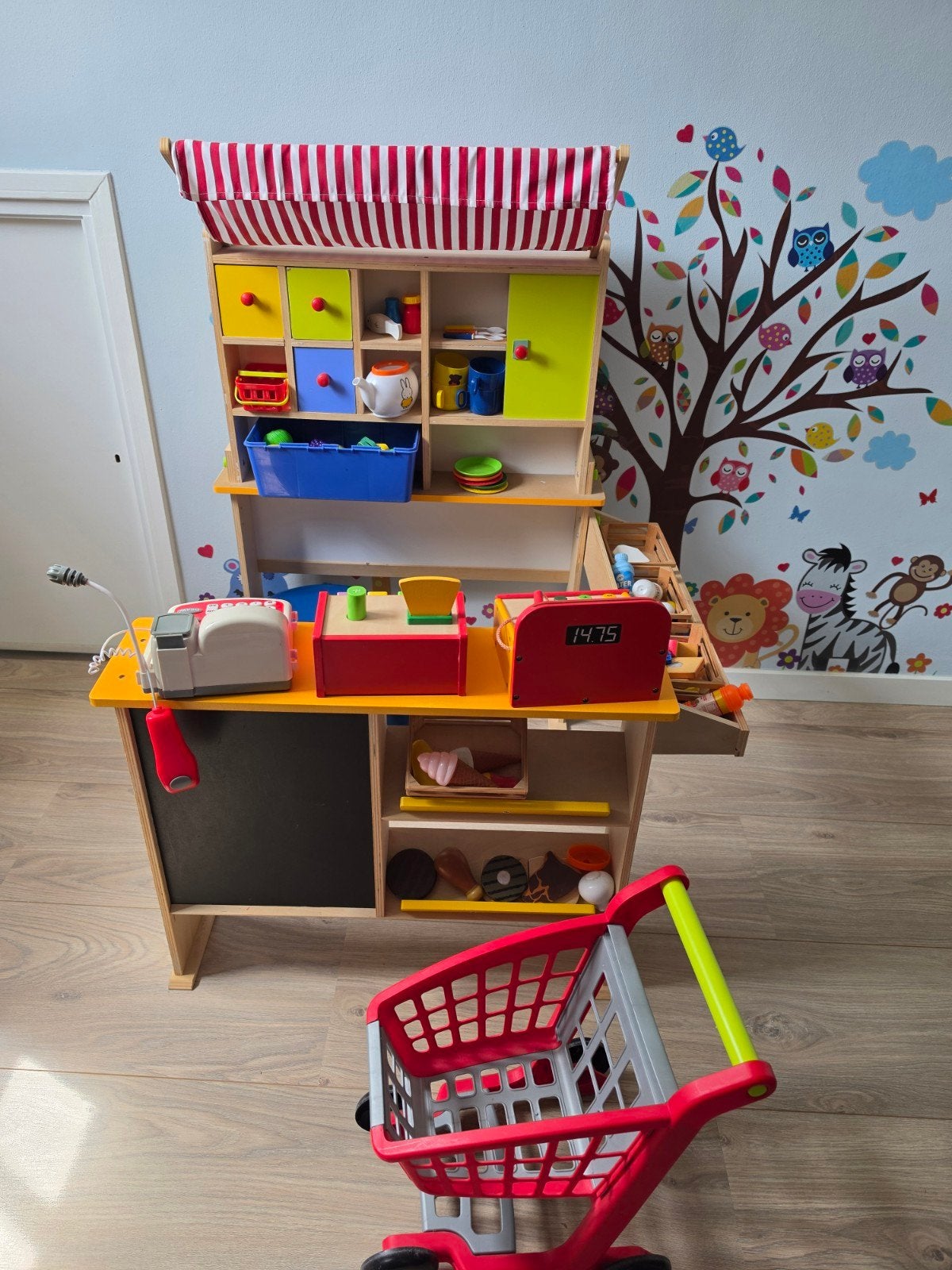 Houten speelgoedwinkel met winkelwagen, Ophalen, Gebruikt, Jongen of Meisje