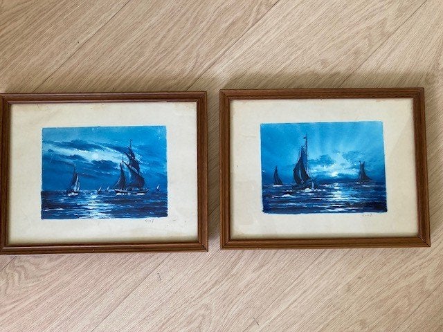 2 schilderijen met zeilboten afm. 28 x 38, Ophalen, Maritiem / water, Overige ondergronden, Olieverf