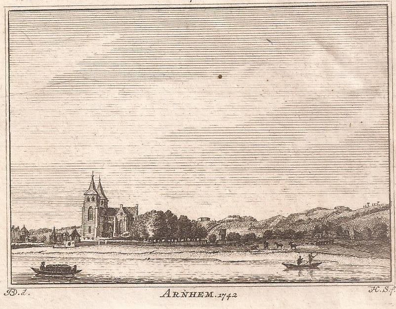 Arnhem 1742 Aanzicht op de stad vanaf de Rijn Kopergravure, Stadsgezicht, Ophalen of Verzenden, 7 cm, 10 cm