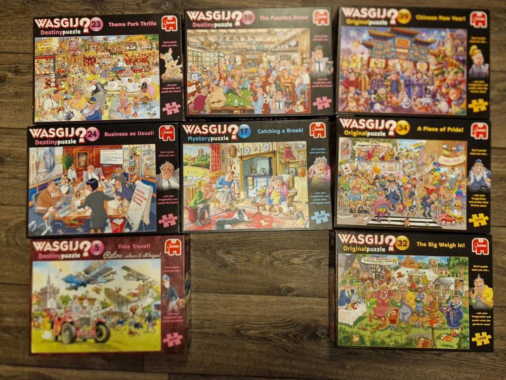 Grote collectie Wasgij puzzels (9 stuks), Ophalen, 500 t/m 1500 stukjes, Gebruikt, Legpuzzel